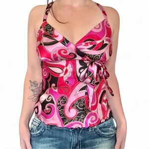 Sz 4 Vintage Bisou Bisou Satin Pink Black Abstract Retro Sleeveless Babydoll Top